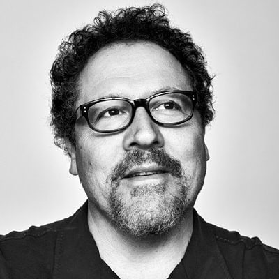 A black and white picture of Jon Favreau..