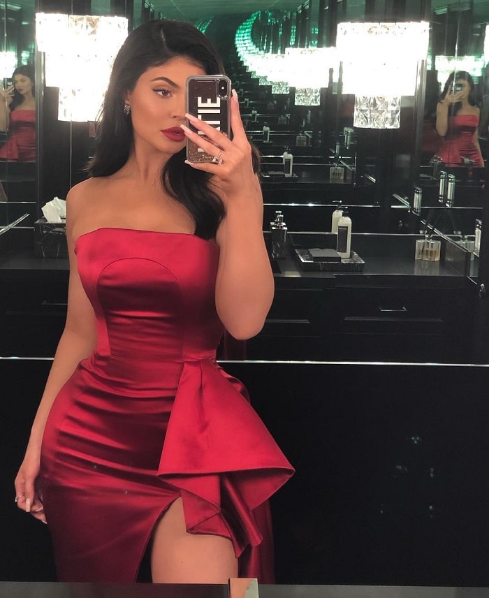 Kylie in a red satin gown for pre-Grammy