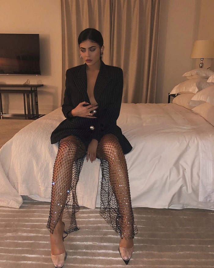 Kylie Jenner in a black Mach&Mach dress.